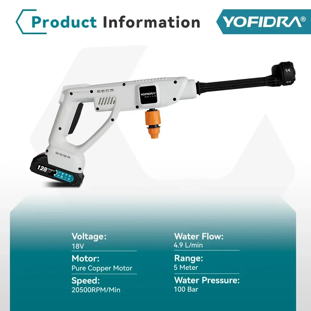 YOFIDRA 20500 rpm 100Bar Electric High Pressure Washer Gun 6IN1 Car Wash Water Gun Garden Spray Gun for Makita 18V Battery