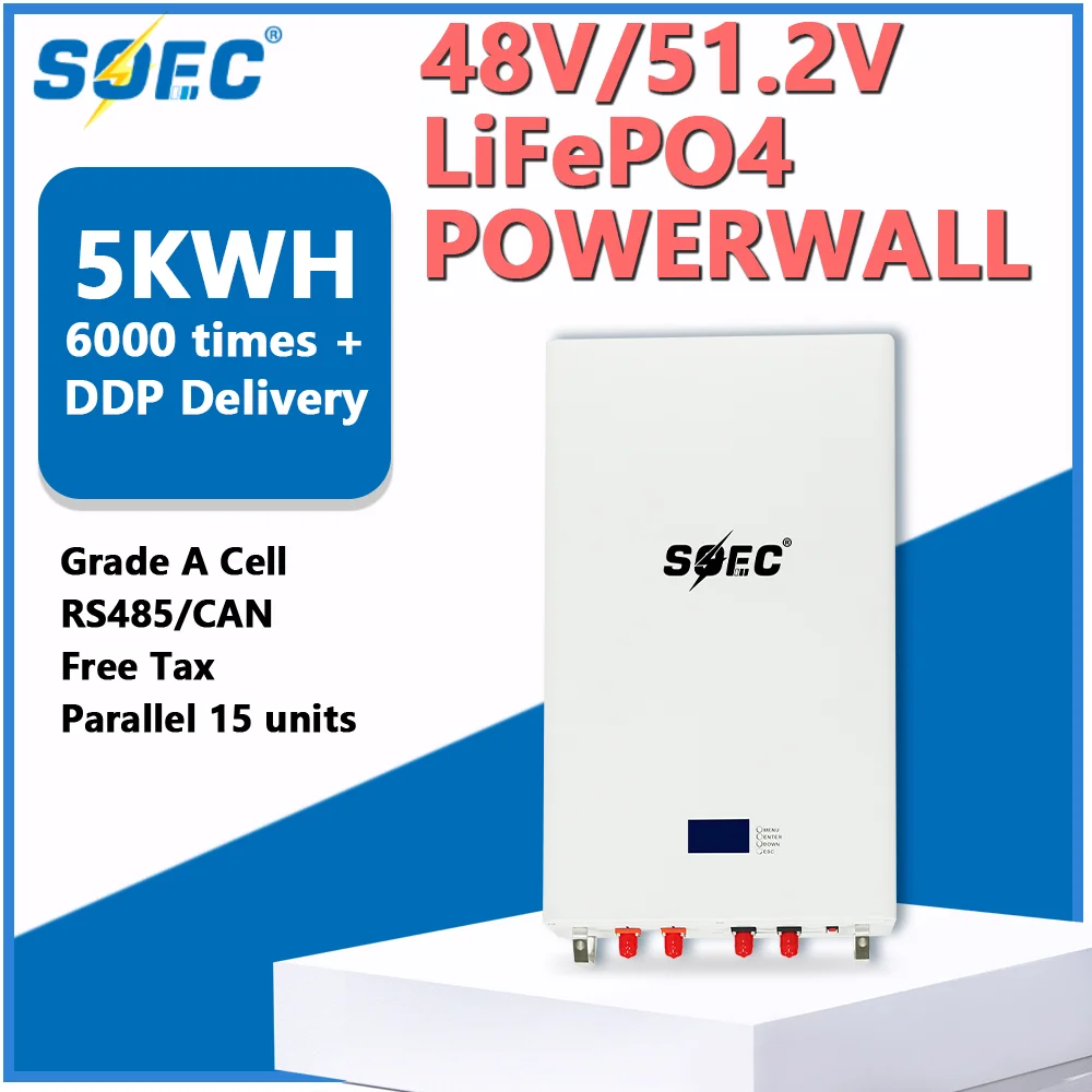 

SOEC 5KWH 48V 100AH Powerwall 51.2V Lifepo4 Battery with Grade A New Cells Built in BMS Solar Battery for Home Storage System