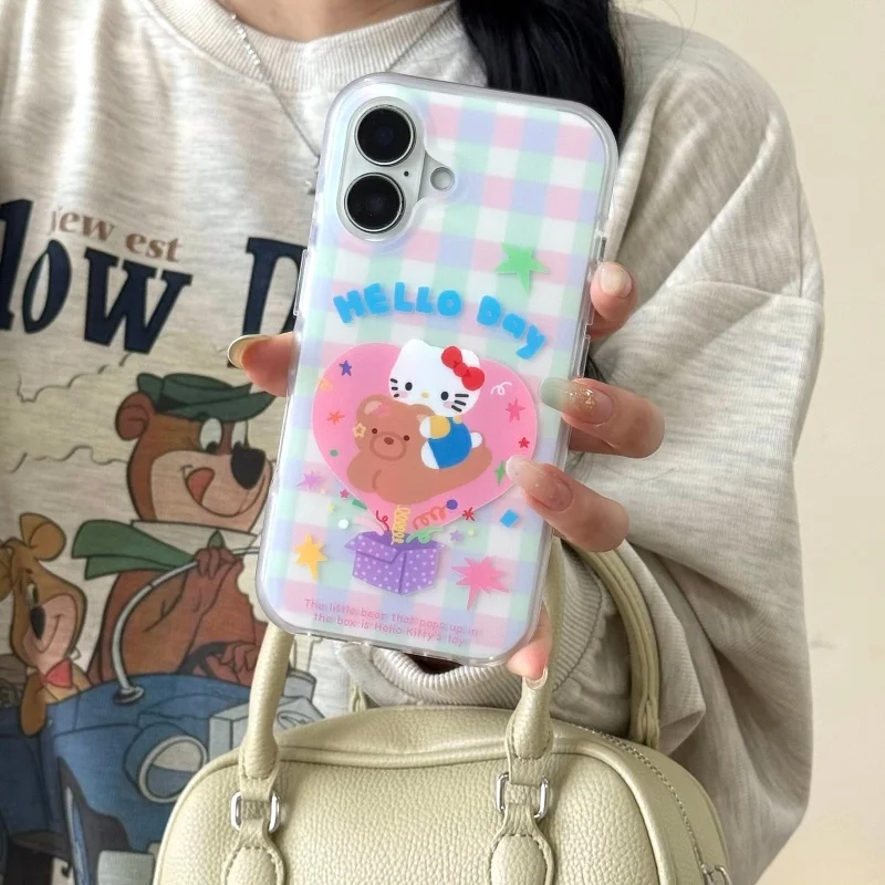 

Cute colorful colorful lattice Hello Kitty Bear Phone Case For iPhone 14 15 16Pro Max Cartoon 3D Love Heart angel wings KT Cover