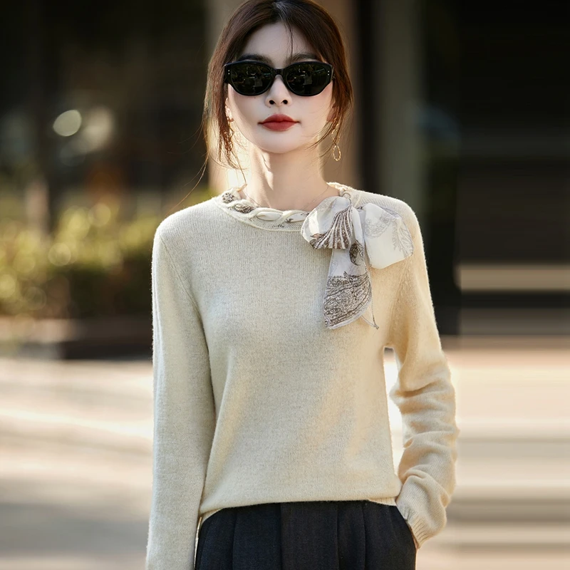 Ladies Pullover Sweater Korean Pure Wool Knitwear Early Autumn Round Neck Long Sleeve Sash Elegant Commute Fashion Trendy Top