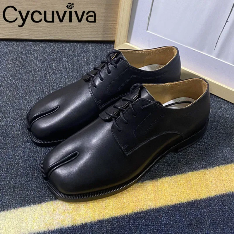 Genuine Leather Split Toe Platform Loafers Women Lace Up Black Formal Vacation Shoes Female Novelty Brand Walk Shoes Women