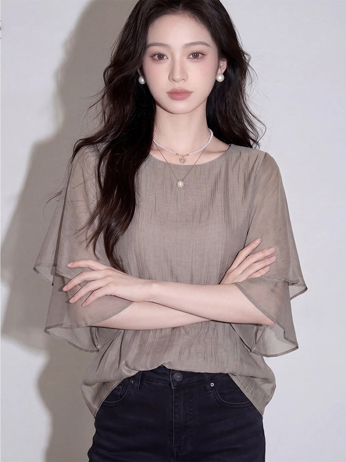 Casual Style Women's Cotton Blend Short Sleeve round Neck Blouse Flounce Sleeve Design Summer New Loose Commuter Versatile Top