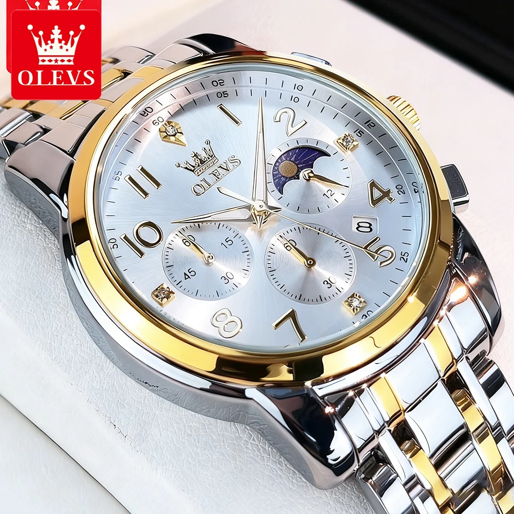 OLEVS Роскошные модные мужские часы из тонкой стали, лучший бренд, оригинальные кварцевые наручные часы, водостойкий светящийся хронограф, фаза Луны