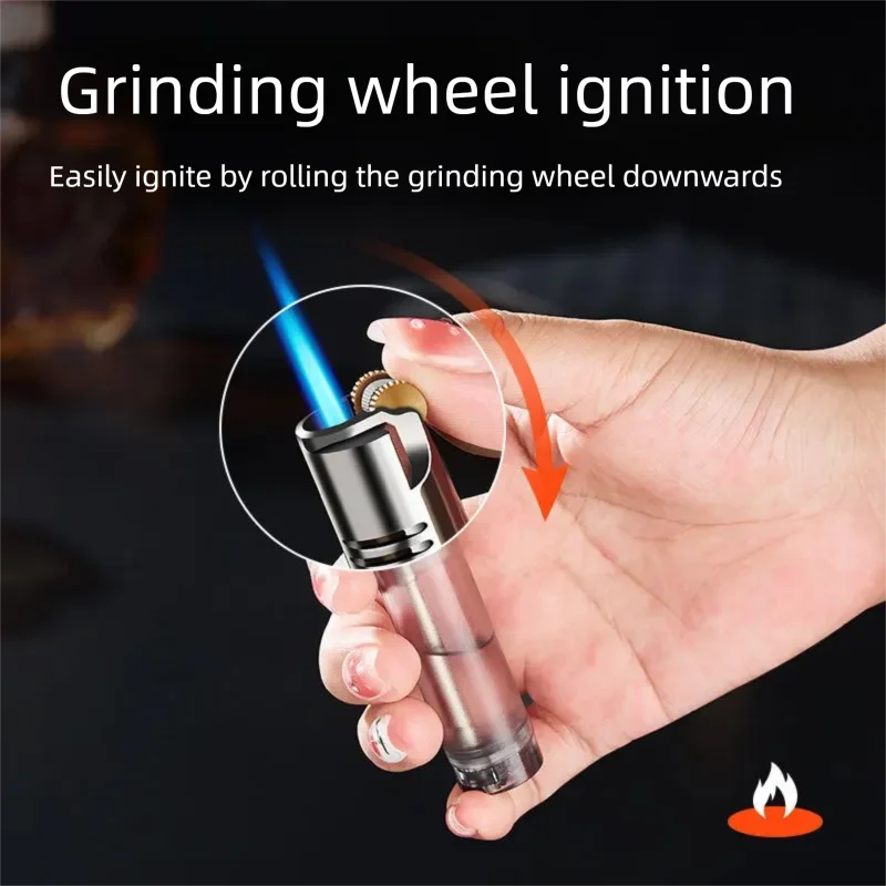 Grinding wheel ignition inflatable lighter, large capacity visual air chamber, windproof blue flame lighter, cross-border