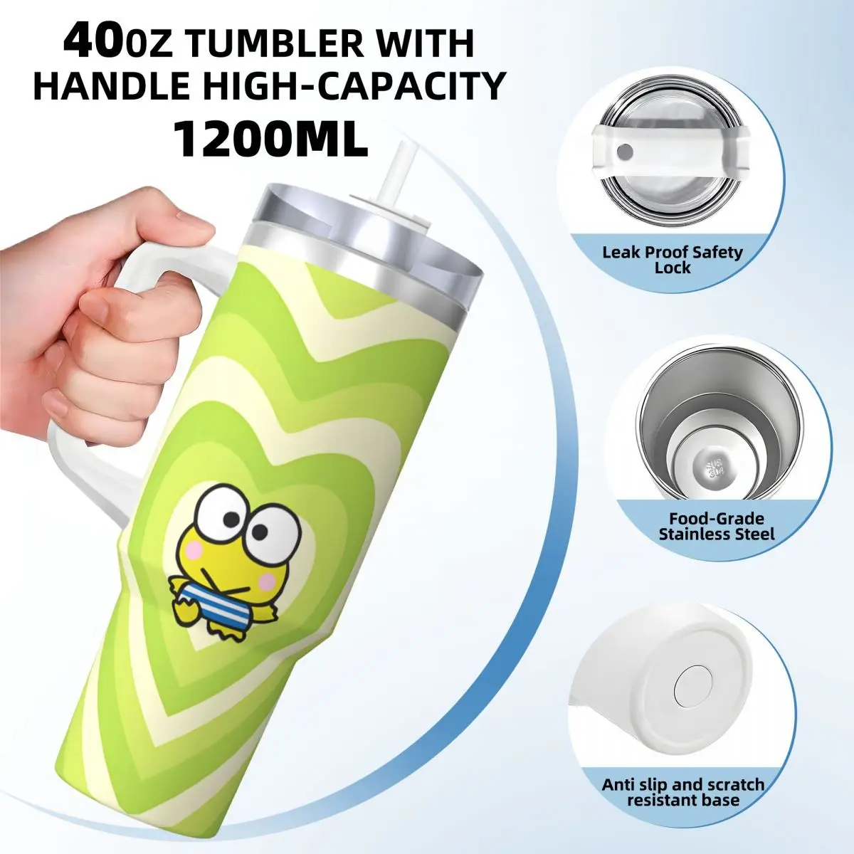 Keroppi Big-Eyed Frog Stainless Steel Tumbler Travelist Thermal Cups With Straws and Lid Large Mug Cup Cold and Hot Water Bottle