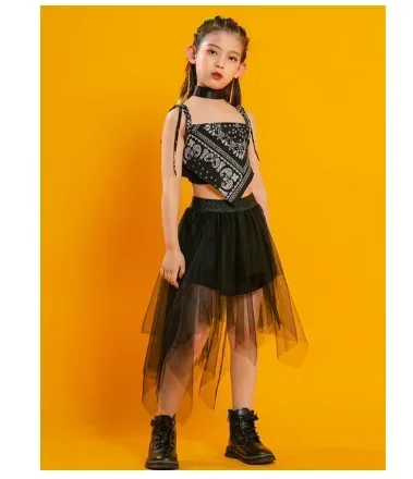 1set/lot Punk style Hip Hop streetwear costumes short Sleeve T Shirt Pleated Mesh Skirt Pant Girls Jazz Dance Costume