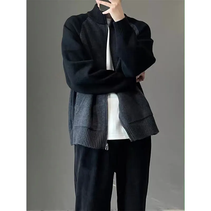 Splicing contrast zipper cashmere sweater cardigan men's high-grade relaxed casual raglan sweater