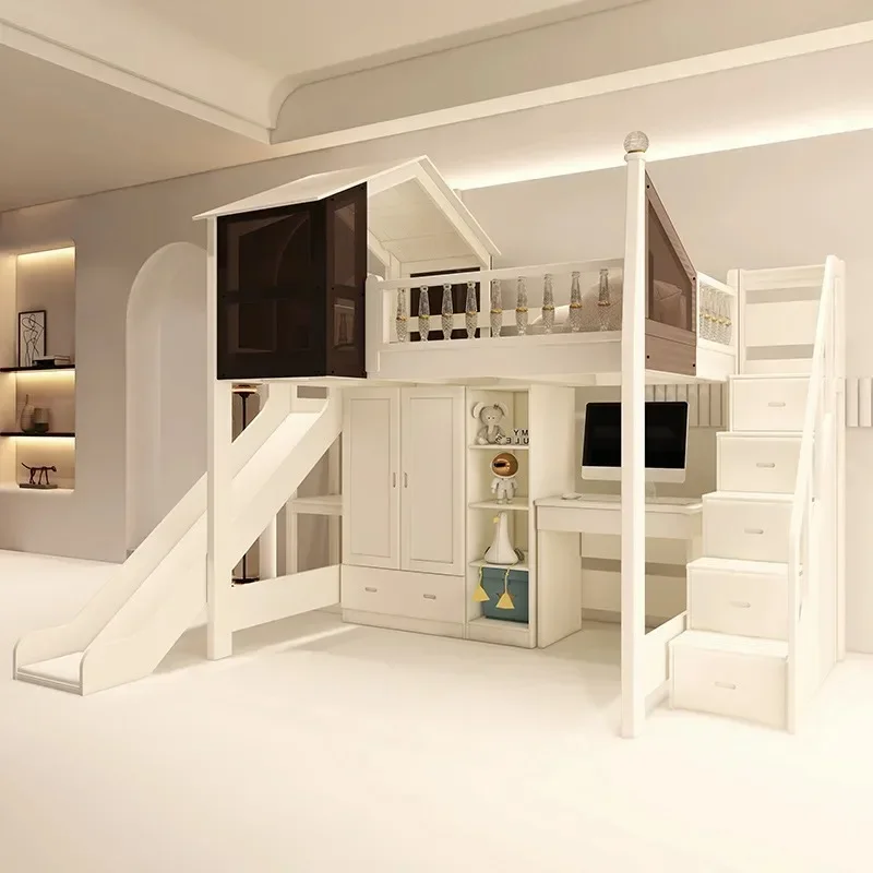 Tree house bed, solid wood children's upper and lower beds, two-layer guardrail castle princess bed