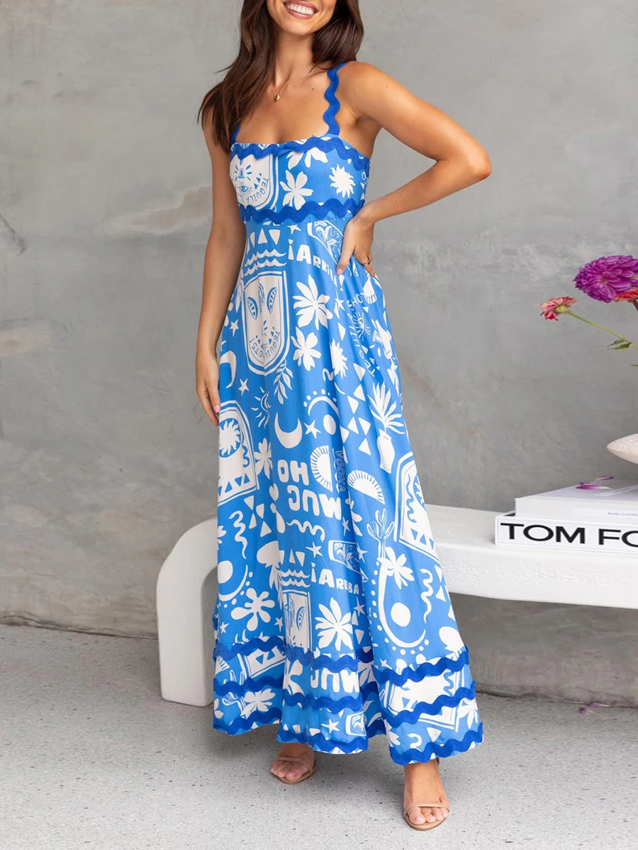 Women Summer Maxi Cami Dress Sleeveless Spaghetti Strap Ric Rac Boho Dress Flowy A-Line Long Dress Bohemian Sundress