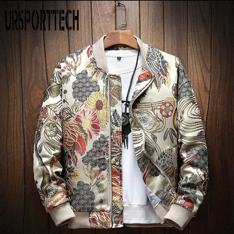 

URSPORTTECH New Autumn Winter Casual Jacket Men Coat Japanese Embroidery Slim Fit Bomber Jacket Male Windbreaker Men Coats M-5XL