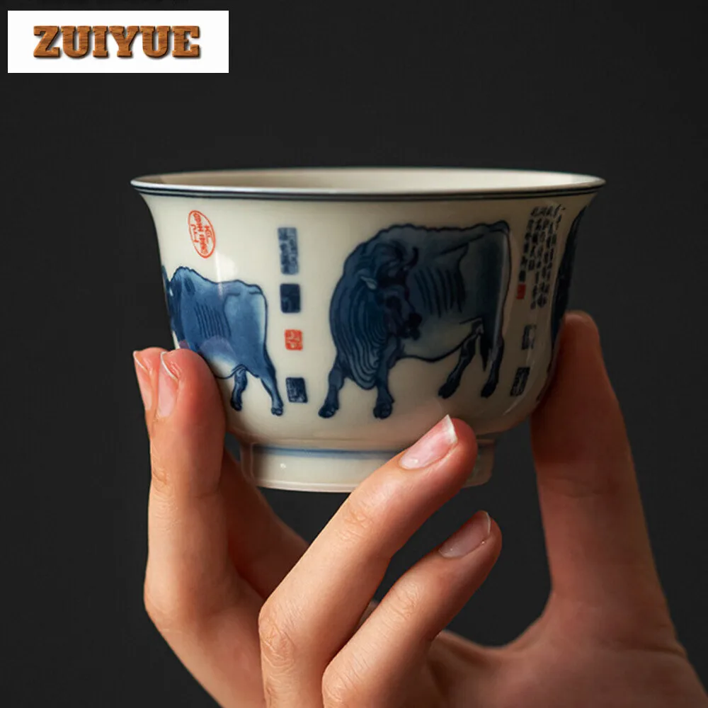 

140ml Retro Blue and White Teacup Chinese Five Ox Diagram Master Cup Hand Drawn Tea Bowl Chazhan Coffee Mug Kung Fu Tea Set Gfit