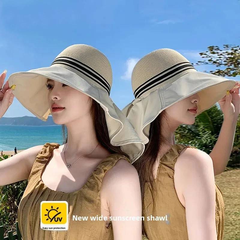 قبعة صيد عصرية صيفية قابلة للتنفس، قبعة كبيرة الحواف للنساء لركوب الدراجات في الهواء الطلق، وشاح حماية للرقبة، قبعة واقية من الشمس