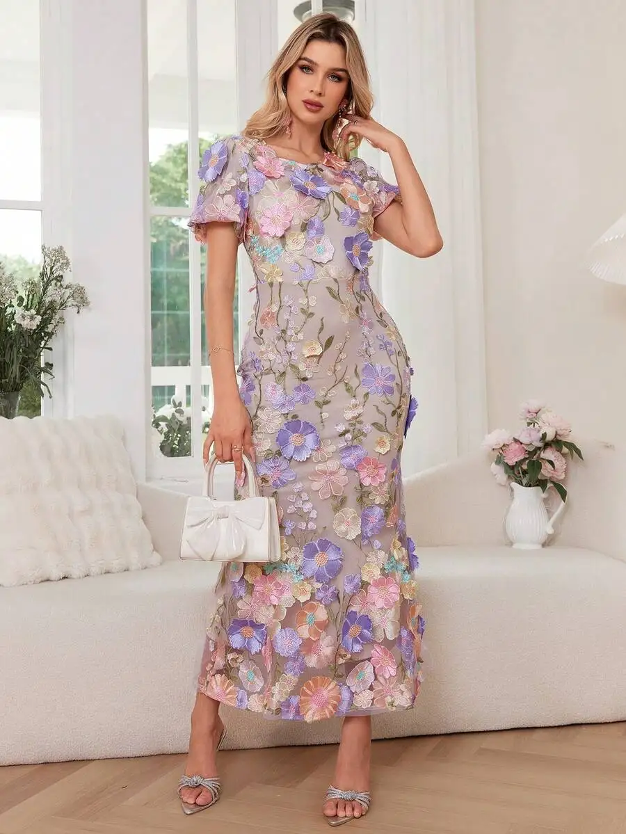 Floral Embroidered Sheer Maxi Dress for Wedding Guest or Evening Party