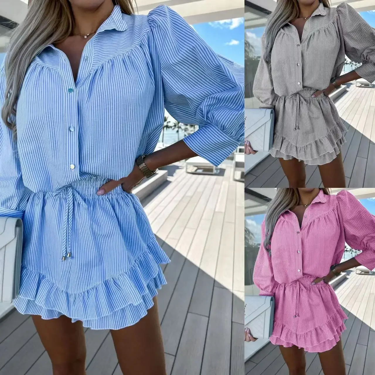 

Women Shirt Dress Fashion Stripe Lapel Summer Single-breasted Top Lace-up Short Skirt Office Lady Street 2-piece Set Lugentolo