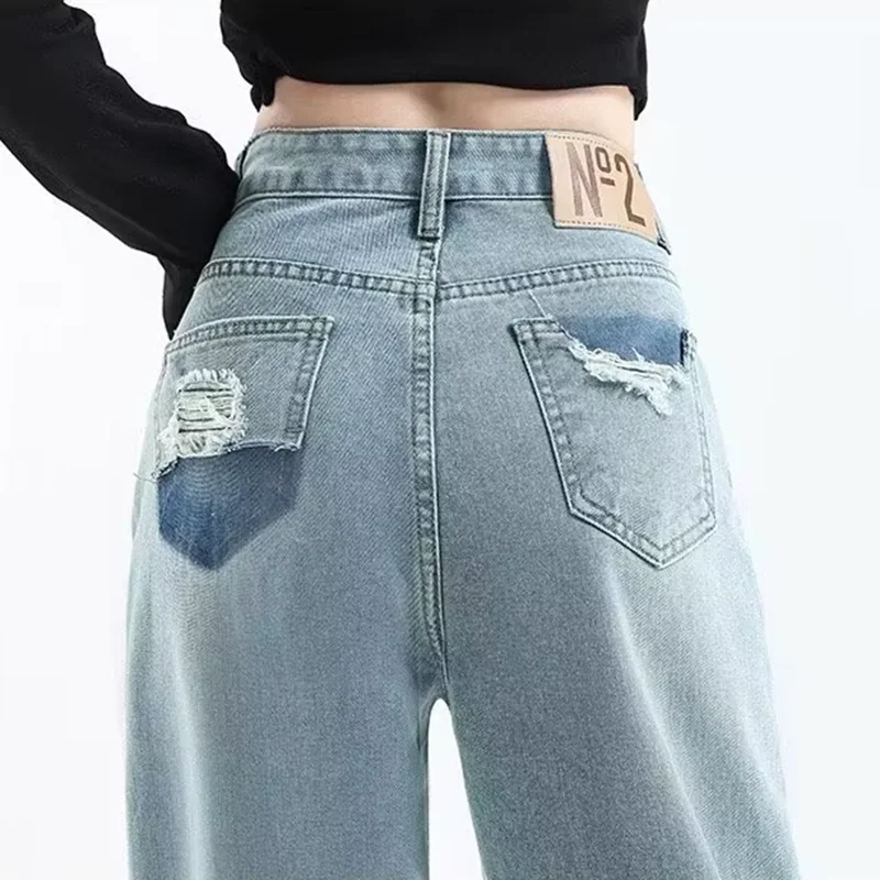

2026 New Women's High Waist Denim Jeans, Color Block Design Loose Wide Leg Straight Pants, Slimming Casual Trousers