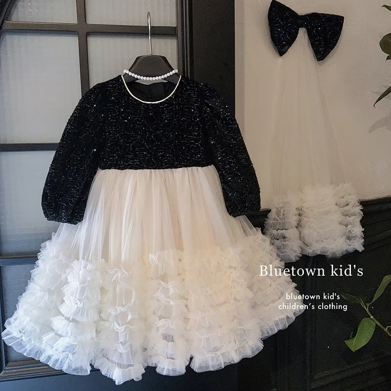 

2025Girls Spring and Autumn New Hepburn Style Sequin Mesh Bow Tail Detachable Princess Dress