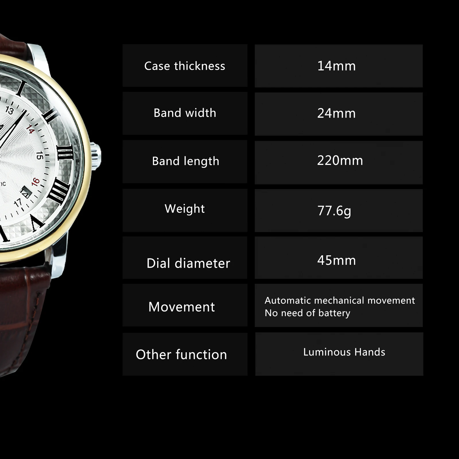 WINNER Fashion Business Mechanical Watches Date Display Minimalist Automatic Watch for Men Casual Brown Leather Strap Wristwatch