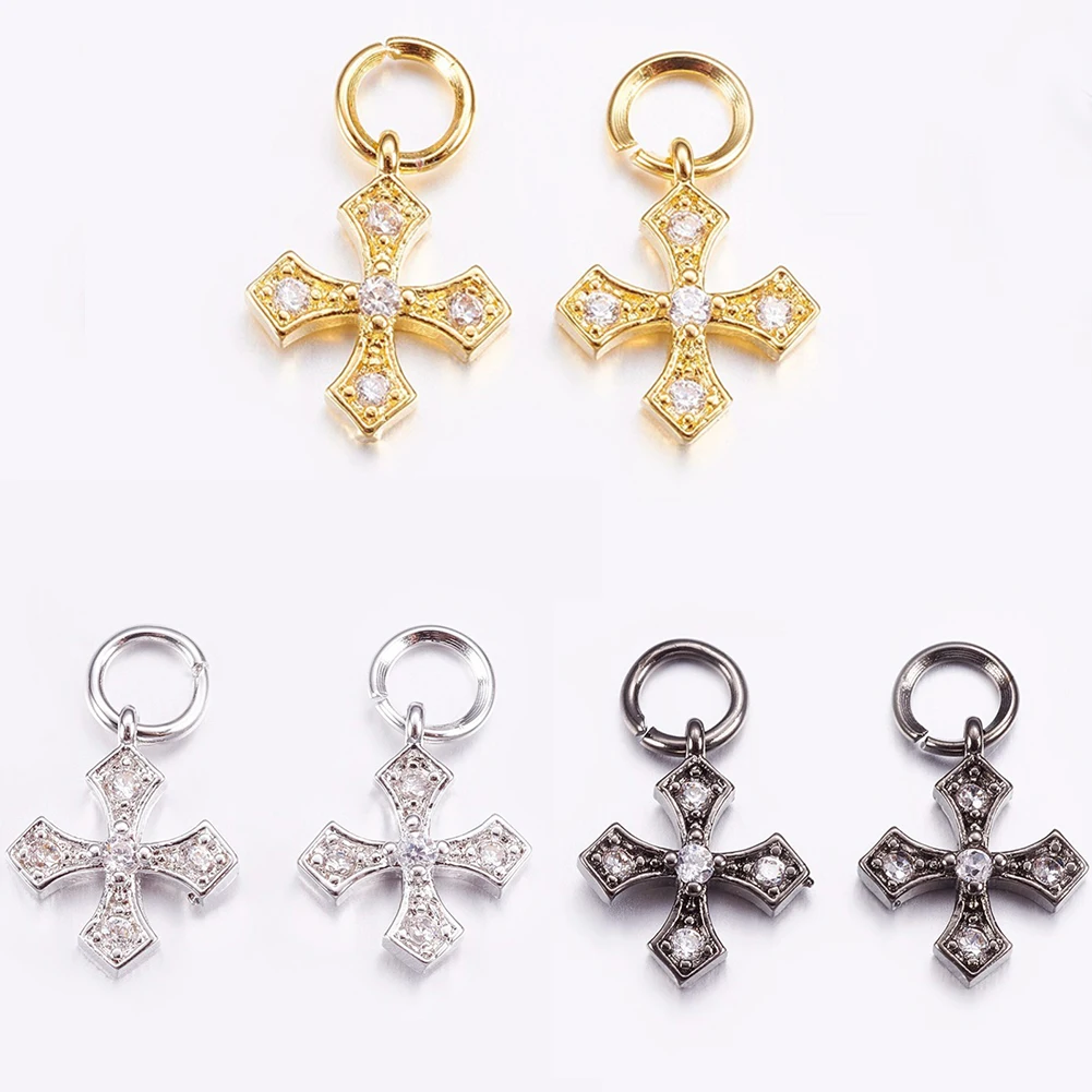 10Pcs Cross Pendants Cubic Zirconia Christian Crucifix Charms For DIY Keychain Religious Talisman Jewelry Accessories 11x9.5x2mm