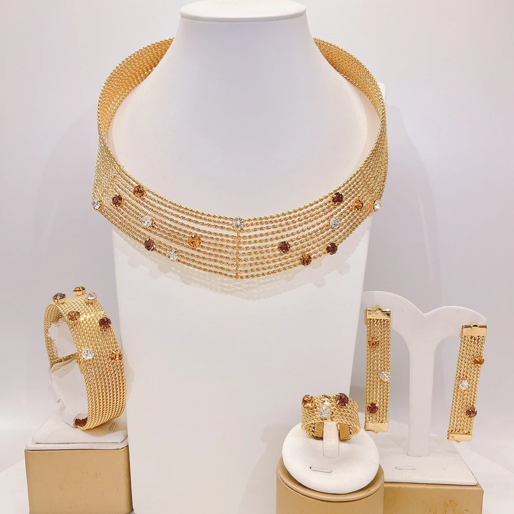 

Yulaili Brazilian Jewelry Set for Women Gold Plated Accessory Round Necklace Earring Bangle Ring with Stone X0000930