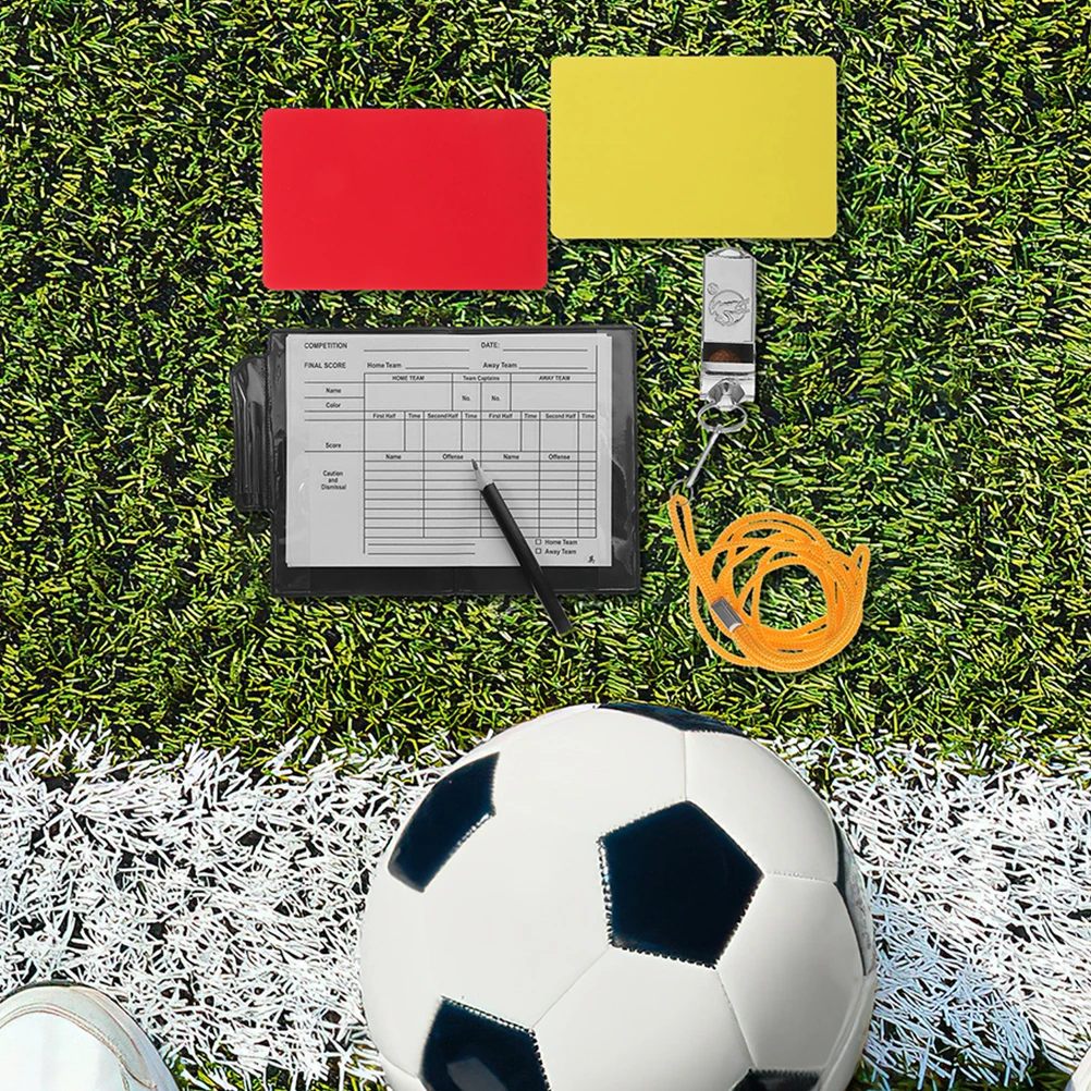 

1 Set Soccer Referee Kit Yellow Red Cards Pen Notepad 2 Metal Whistles Portable Penalty Tools Match Accessories Sports Referee