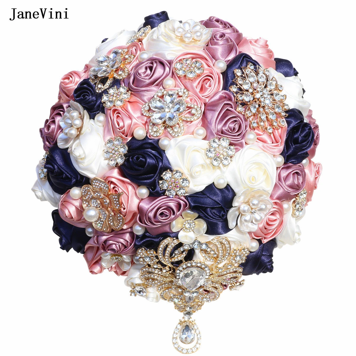 

JaneVini Bling Gold Rhinestone Bridal Brooch Bouquets Dusty Pink Flowers Artificial Satin Roses Pearls Wedding Bouquet for Bride