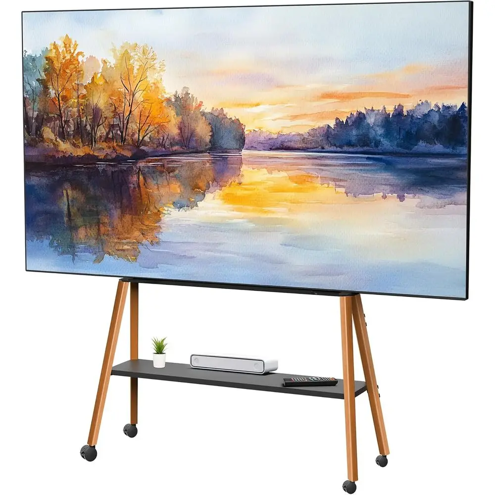 Rolling Artistic 43 to 75 inch LED LCD Sn Mobile Studio TV Easel Stand, Wood Accory Shel, Adjustable TV Mount with 4 Walnut Legs