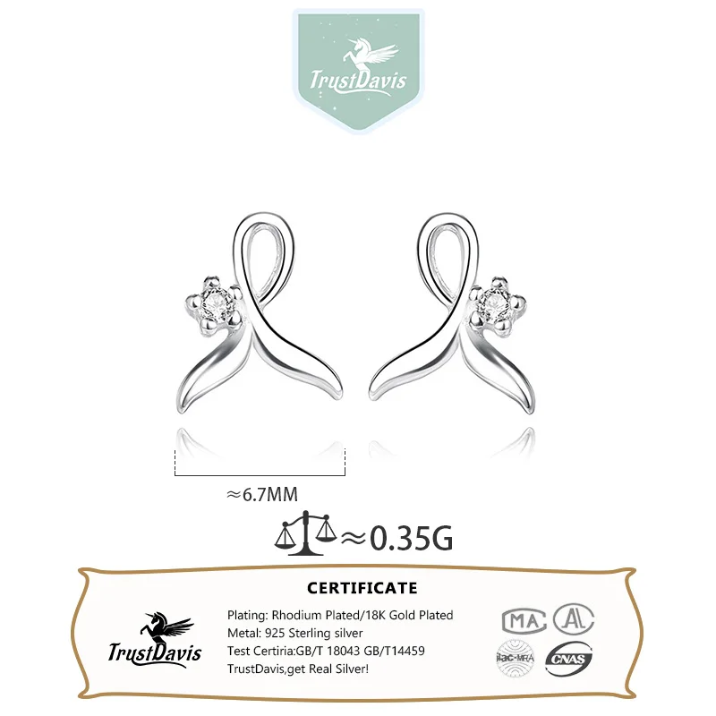 Trustdavis Real 999 Silver Fashion Sweet Cute Zircon Fishtail Zirconia Earrings for Women Daily Wear Jewelry Gift DS4750