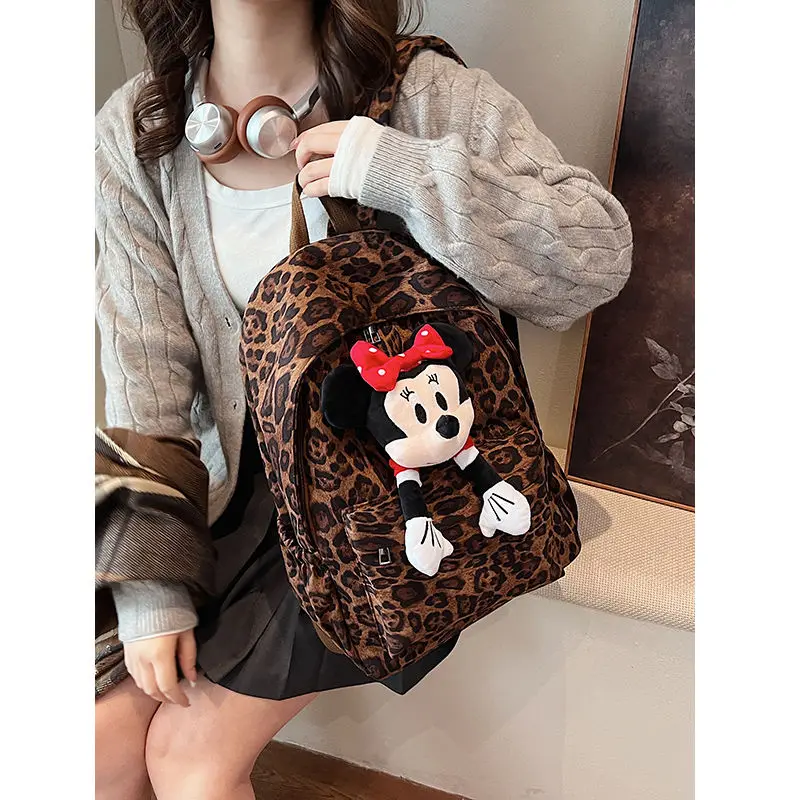 Disney Cartoon Minnie Cute and Sweet Girl Going Out Fashionable and Versatile Large Capacity Shoulder Leopard Print Backpack