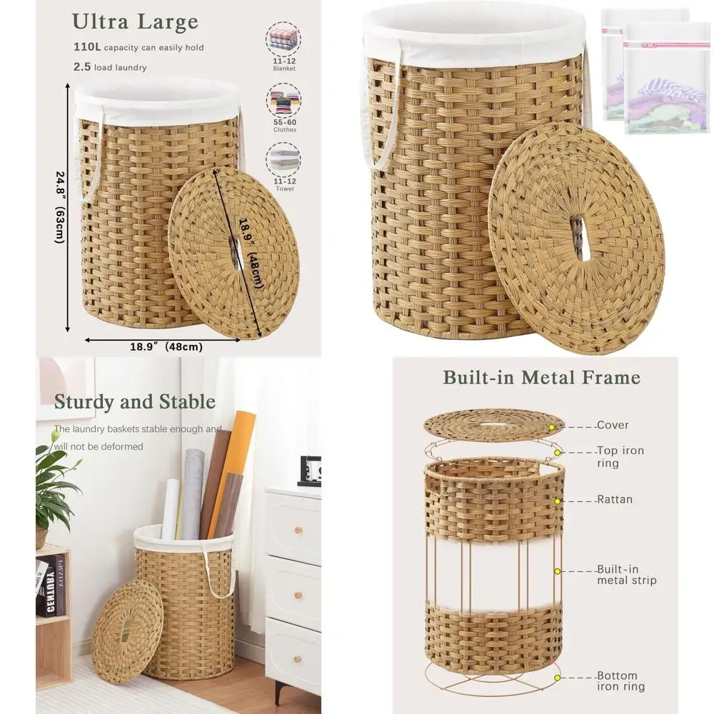 

Круглая плетеная корзина для белья из ротанга с крышкой и ручками, вместимость 29,1 галлона, в комплект входит 2 сетчатых мешка для хранения в ванной или в гостиной.