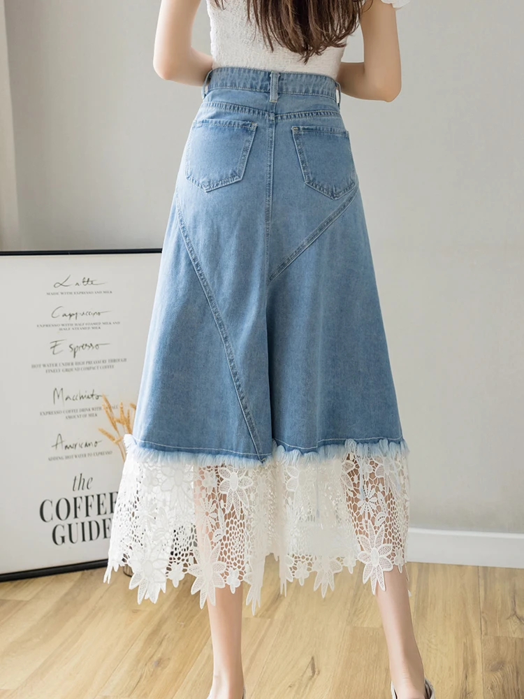 Vintage Patchwork Lace Hollow Out Jean Skirt Women Korean Fashion High Waist Midi Denim Skirt Female Zipper Casual Elegant Skirt