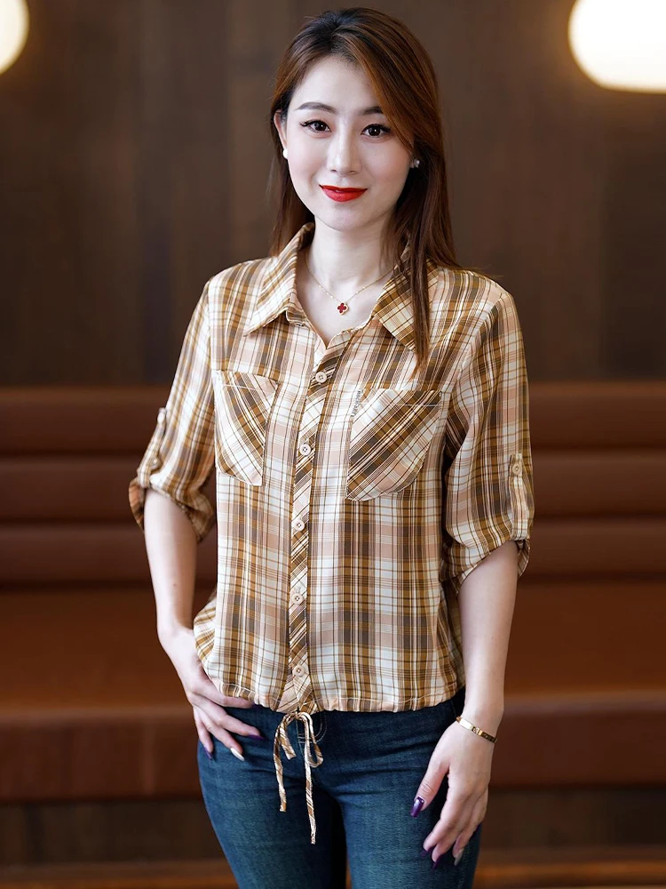 Faionable Plaid ort Sve irt Dames Herfst Nieuwe Sle Jeugdig Klein formaat Koreaanse versie Recht gesneden Ademend