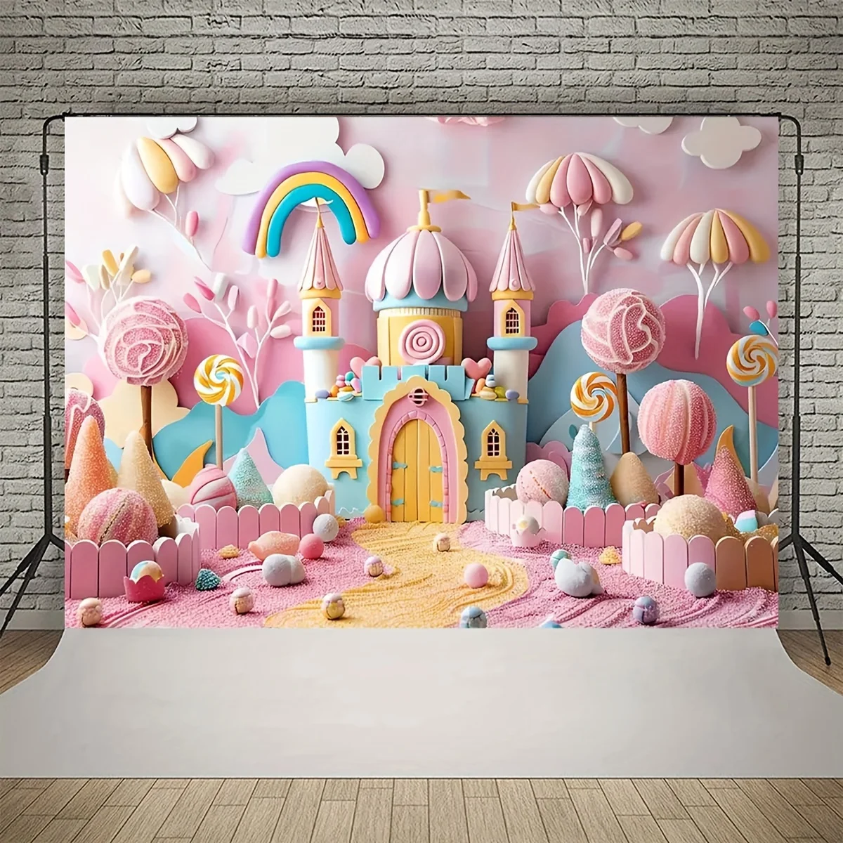 Candy Land 3D Background - Rainbow Castle with Ice cream, birthday party with colorful fantasy Wonderland, durable photography