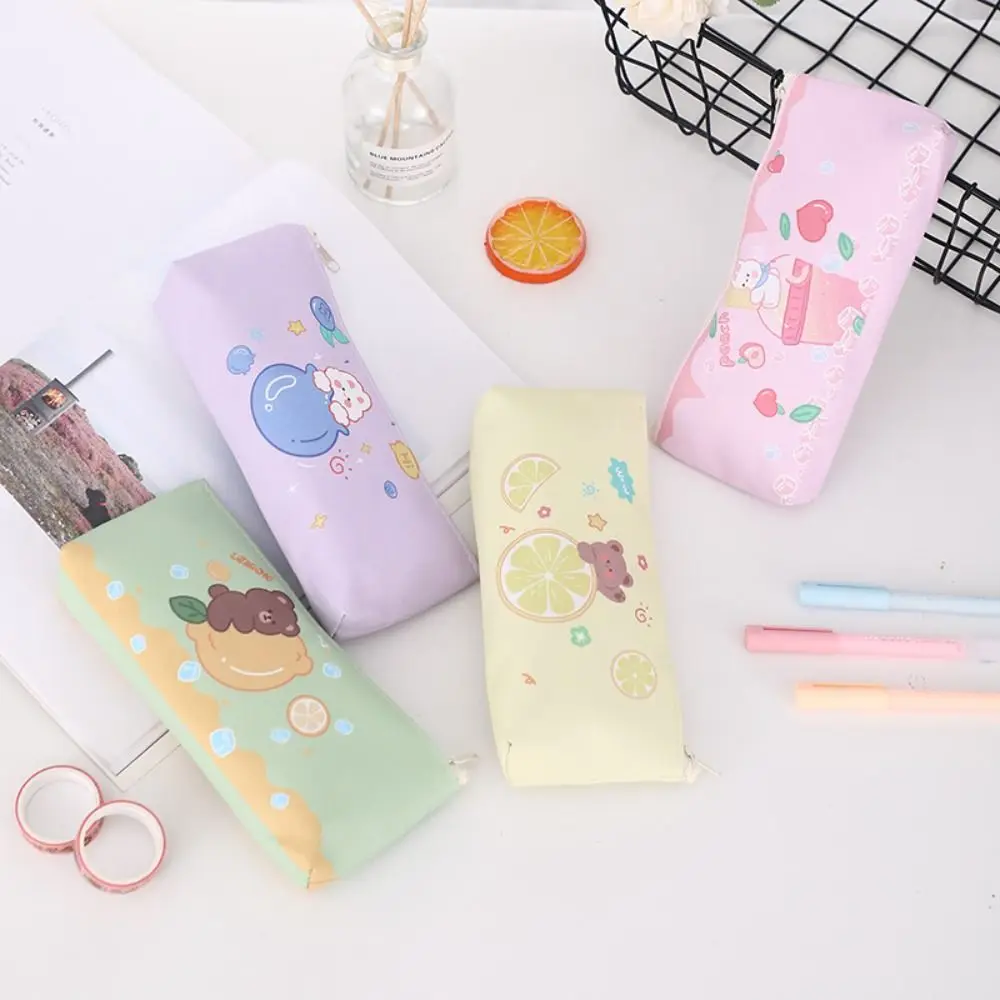 Kawaii Lemon Bear Pen Bag Creative Korean Version Pu Pencil Case Multi-functional Large Capacity Pencil Bag School Supplie