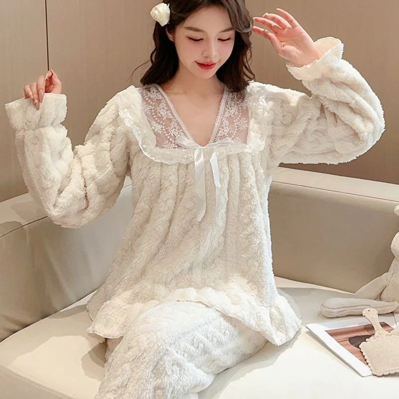 Plus Size Winter Sweet Lace Princess Long Sleeve Thick Warm Flannel Pajama Sets For Women Korean Sleepwear Homewear Home Clothes