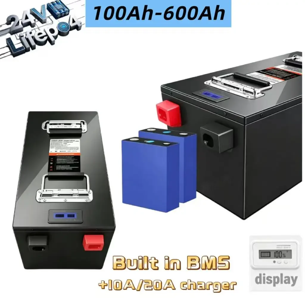 

24V LiFePO4 Battery 100Ah-600Ah, 6000+ Deep Cycles Lithium Iron Phosphate Battery with Built-in BMS +10A/20A Charger, Ideal for