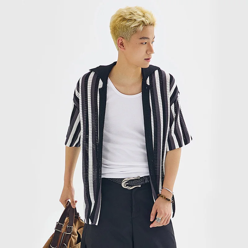 

Men Summer Knitted Hollow Stripe Old Money Vintage Fashion Loose Casual Short Sleeve Cardigan Shirts Cityboy Streetwear Blouses