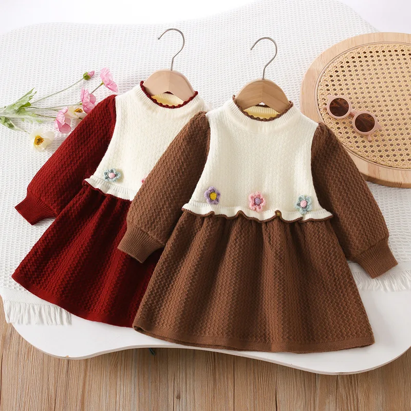 

Вязаные платья для девочек, весна-осень 2024, детские шерстяные трикотажные свитера, платье для малышей, милая одежда, детские наряды-пуловеры, От 5 до 6 лет