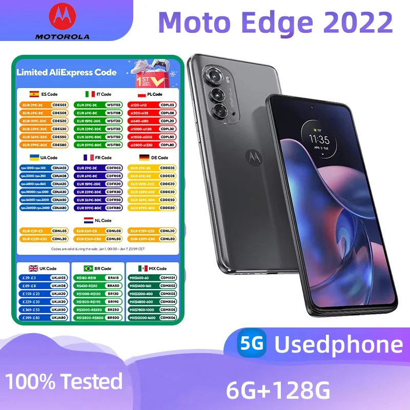 Motorola Moto Edge 2022  5G XT2205 SmartPhone CPU MediaTek Dimensity 1050  6.6inch  5000mAh  50MP Cameras Android Used Phone