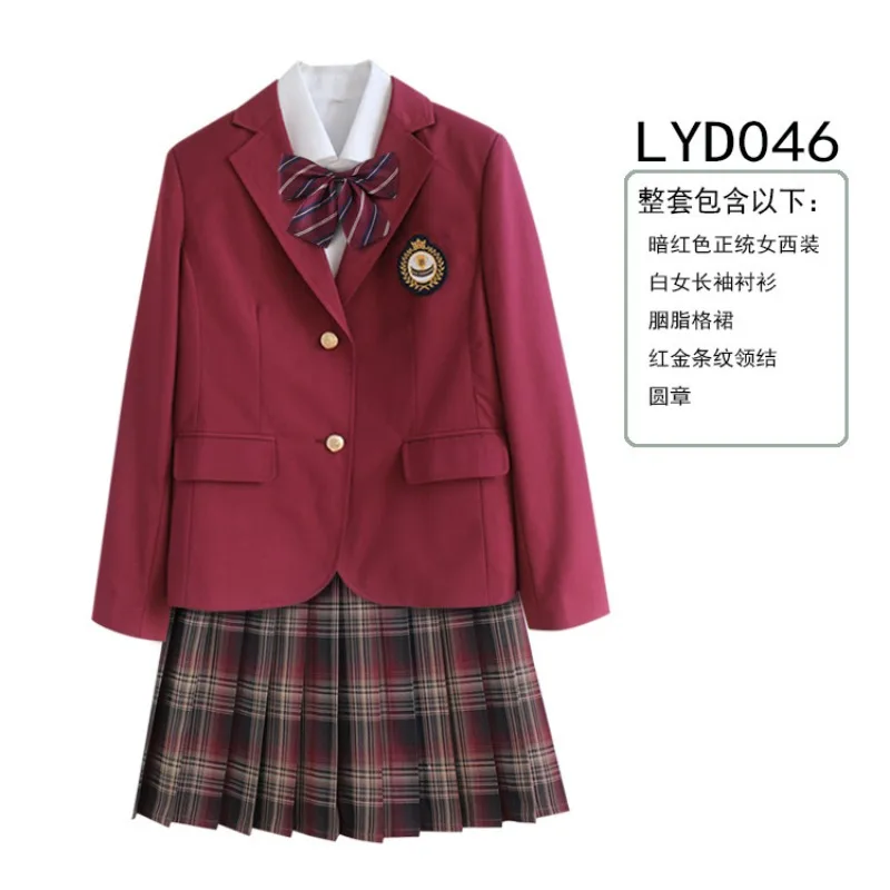 5PCS Women Korea British Japan School Uniform Outfit Girl Anime Cosplay Costume Blazer Shirt Tie Badge Plaid Skirt