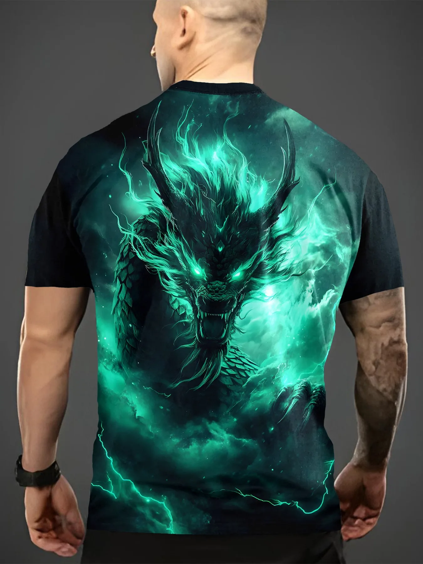 Men'S Glow-in-theDark Thunder Dragon T-Shirt 3D Printed Fantasy Design Black Short Sleeve Summer Casual Comfortable Dragon Shirt