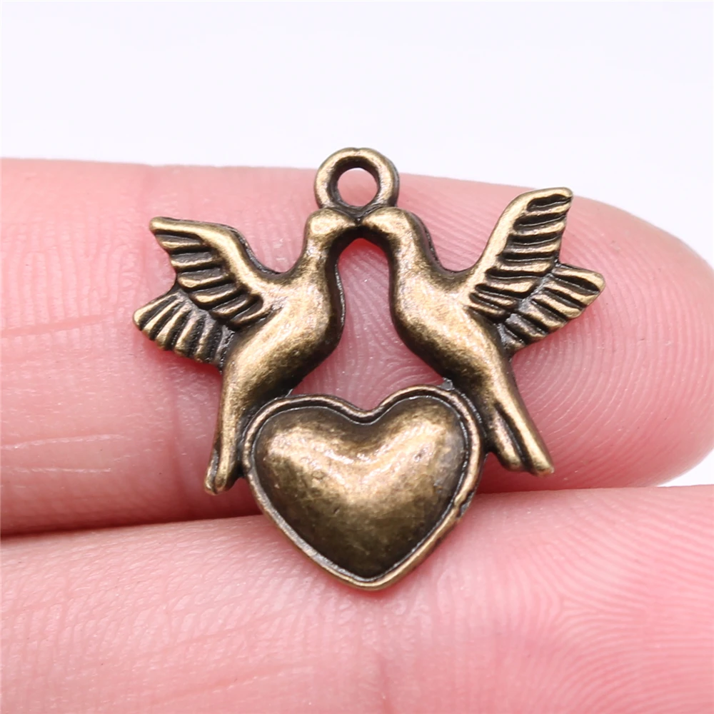 WYSIWYG 10pcs 21x21mm Birds With Heart Charms For Jewelry Making Vintage Antique Bronze Color Jewelry Findings