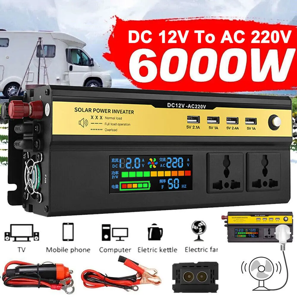 6000W Modified Sine Wave Inverter (DC 12V 24V to AC 220V Transformer with 4 USB Universal Outlet Chargers) Car Power Inverter