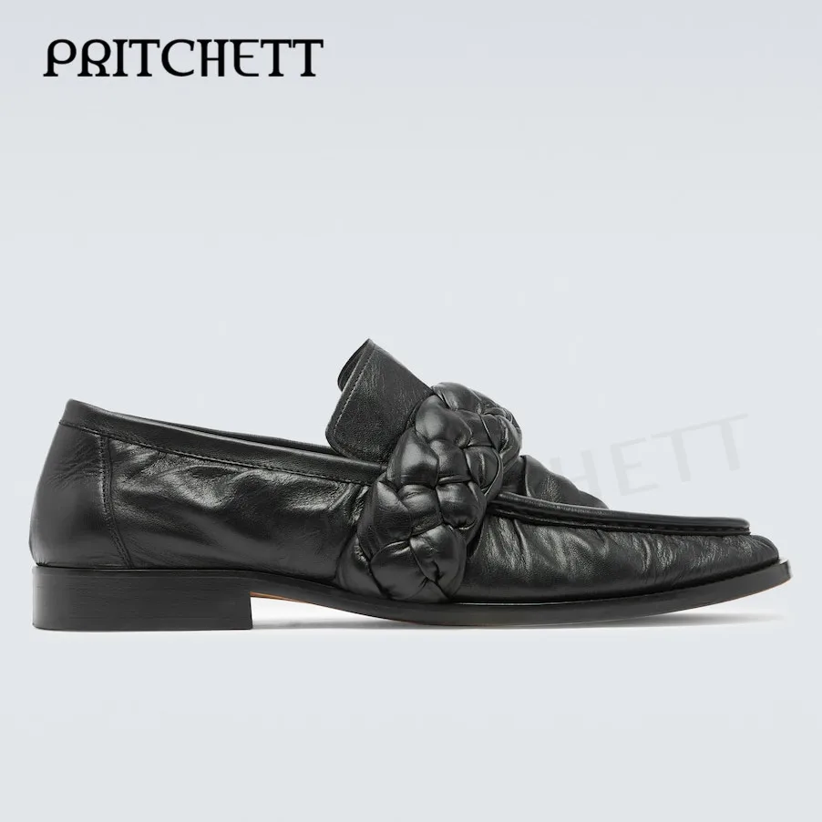 Pleated Woven Black Loafers with Upper Straps Round Toe Soft Leather Comfortable Casual Shoes Large Size Fashionable Men's Shoes