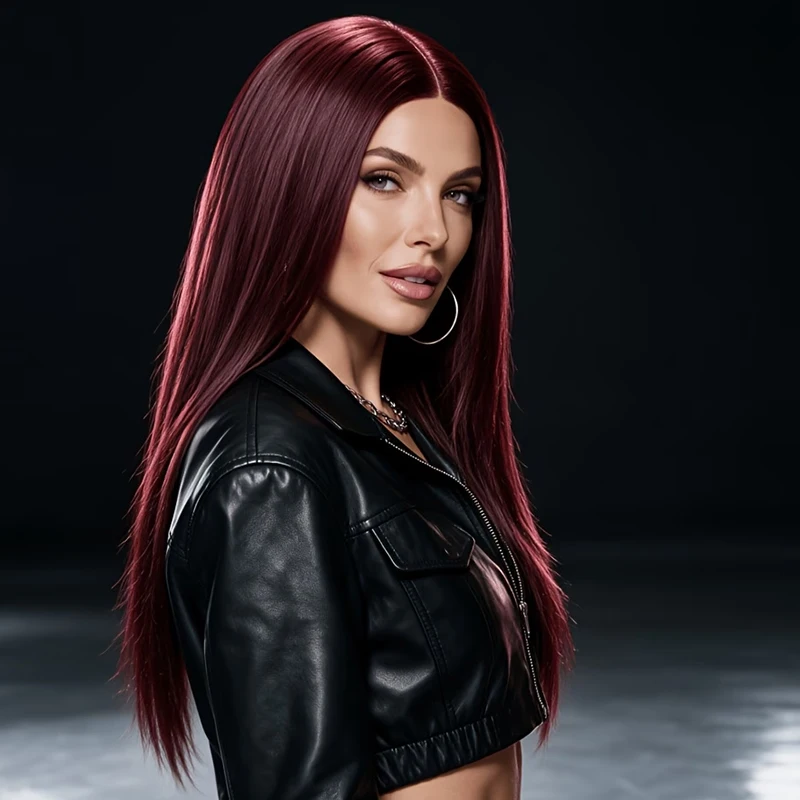 Women’s 28-inch burgundy long straight synthetic wig, with a natural centre parting, ideal for parties