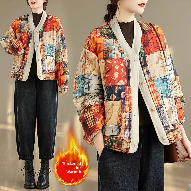 Thiened خمر القطن الكتان Jaet المرأة الدافئة القطن معطف فضفاض صالح طويل Sve V-Ne الشتاء ملابس خارجية الأزهار طباعة #1