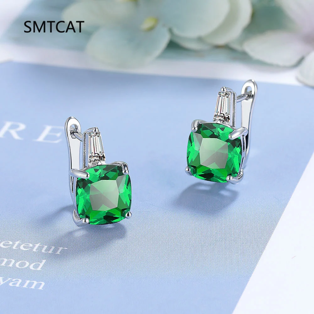 

Cushion Cut Green Simulated Nano Emerald 925 Sterling Silver Square Hoop Earring Geometric Ear Buckle for Women Gemstone Jewelry