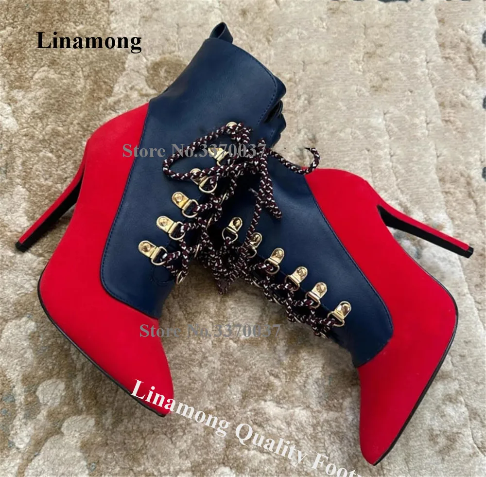 

Красно-синие ботильоны Linamong с металлическими пряжками, на шпильке, с острым носком, на шнуровке, на тонком каблуке