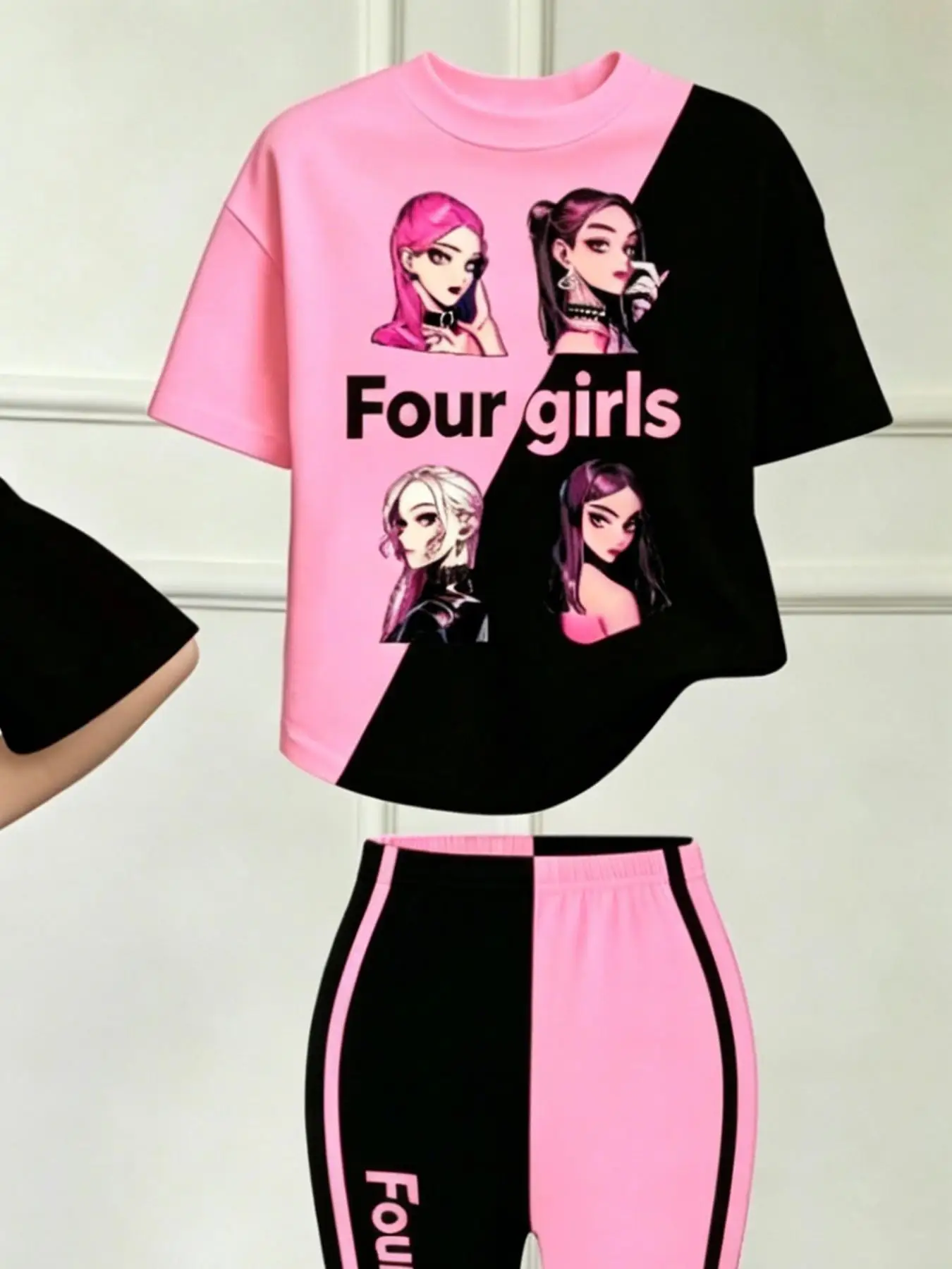 Sommer-Freizeitoutfit für Mädchen, bedrucktes Kurzarm-Set für Kinder, zweiteiliges Set mit schwarzem und rosa Patchwork-T-Shirt + ausgestellter Hose, trendige, vielseitige Kleidung mit Cartoon-Print, geeignet für Mädchen ab 3 Jahren – Detail 5