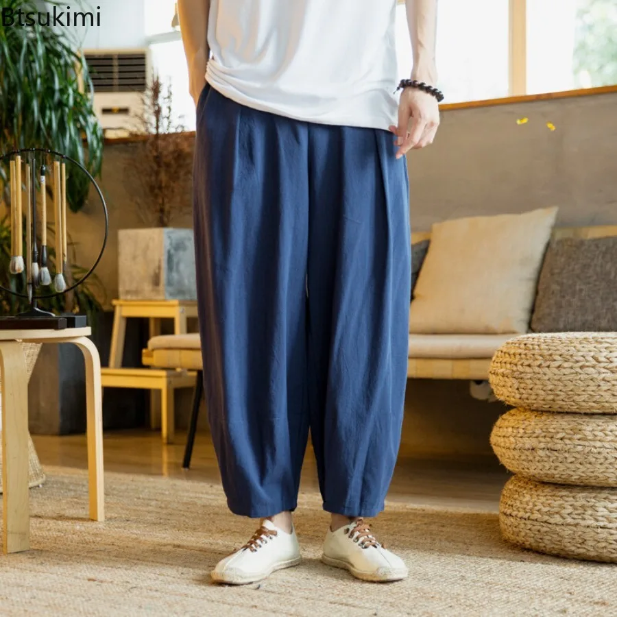 Chinese Style Cotton Linen Harem Pants Summer New Men's Baggy Casual Wide Leg Jogger Trousers Vintage Drawstring Sweatpants Male