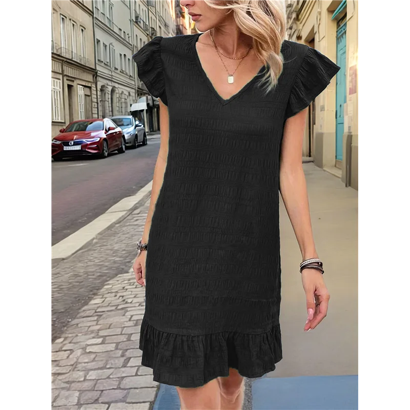 ABRT-Summer Dresses For Women V Neck Cap Sleeve Ruffle Hem Smock Short Dress